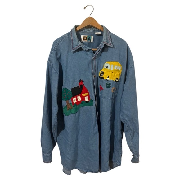 COPY - Dominion apparel embroidered school house bus vintage Jean shirt XL - Picture 1 of 9